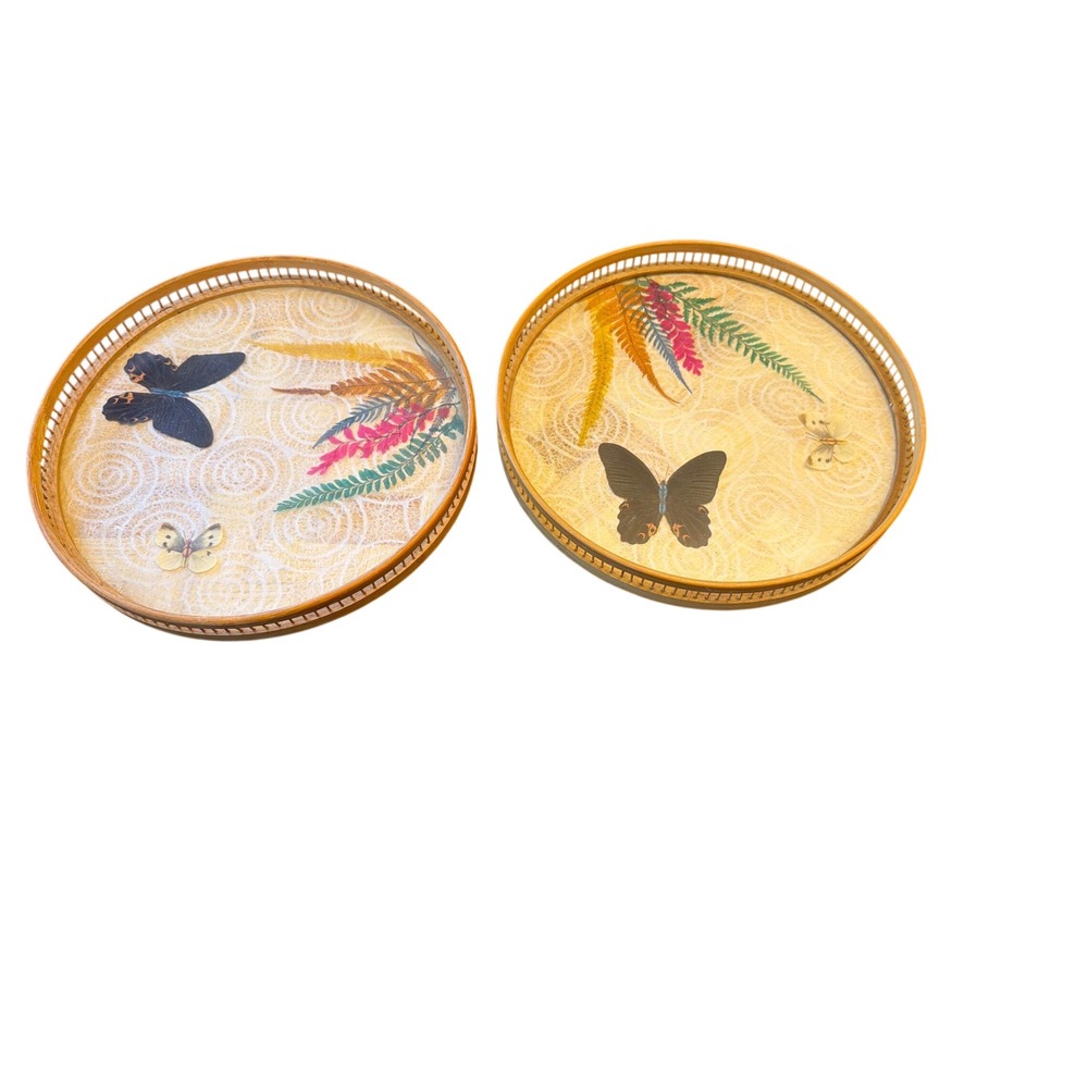 Vintage Interpur Round Decorative Tray‎ Bamboo Butterfly Floral Art
